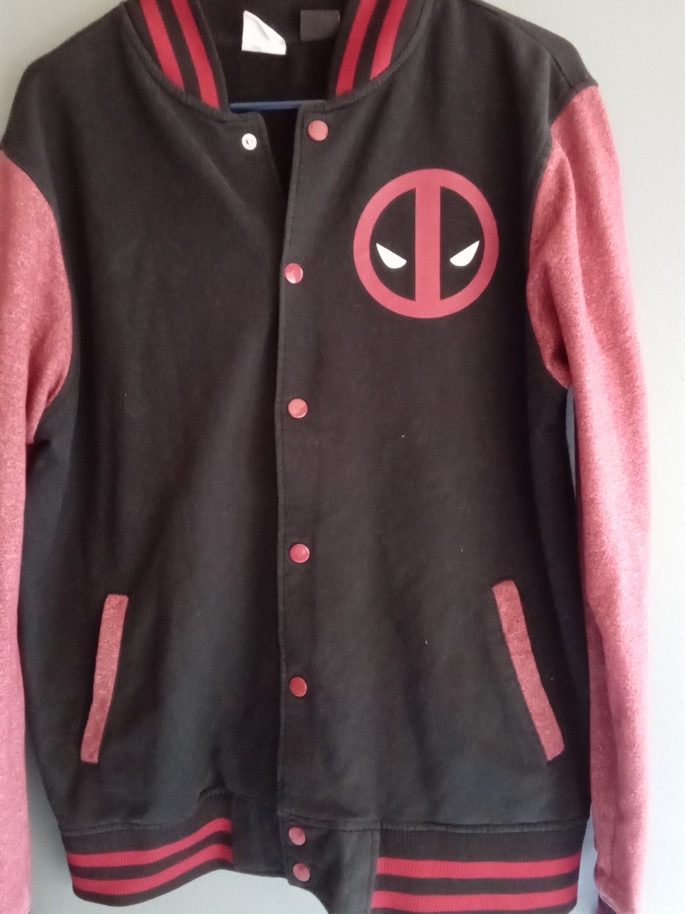 Marvel Deadpool Varsity Jacket Mens Black Red Letterman Bomber Snap Front Coat
